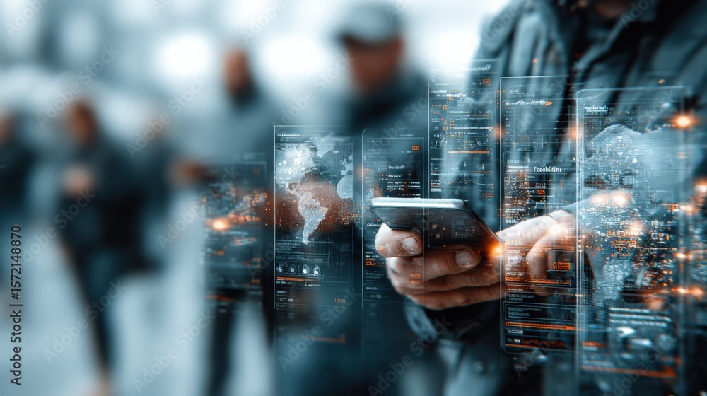 Poster modern technology concept with person using smartphone alongside holographic digital world maps and 