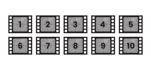 Film Countdown Numbers 1–10 Frames. Retro Movie Reel. Set of countdown frame. Retro cinema strip
