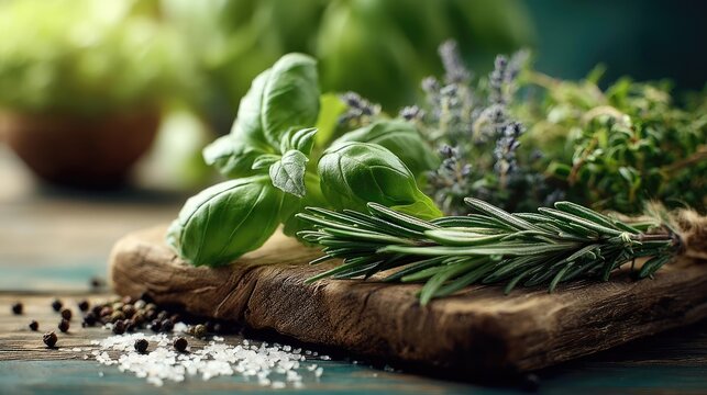Salt substitute concept. Fresh herbs on a cutting board ready for culinary creations.