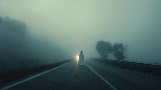 Eerie Encounter: Ghostly Figure Standing on Foggy Roadside, Creating a Chilling Atmosphere
