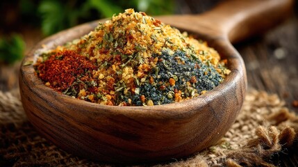 Salt substitute concept. A vibrant mix of spices displayed in a wooden bowl.