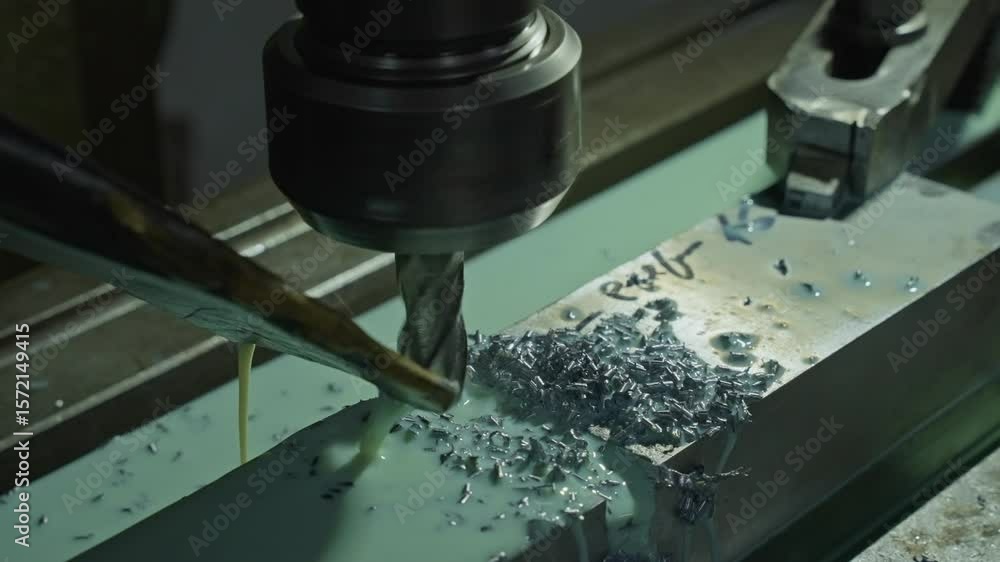 Poster rotating tool cuts metal block with coolant flow in precision milling process