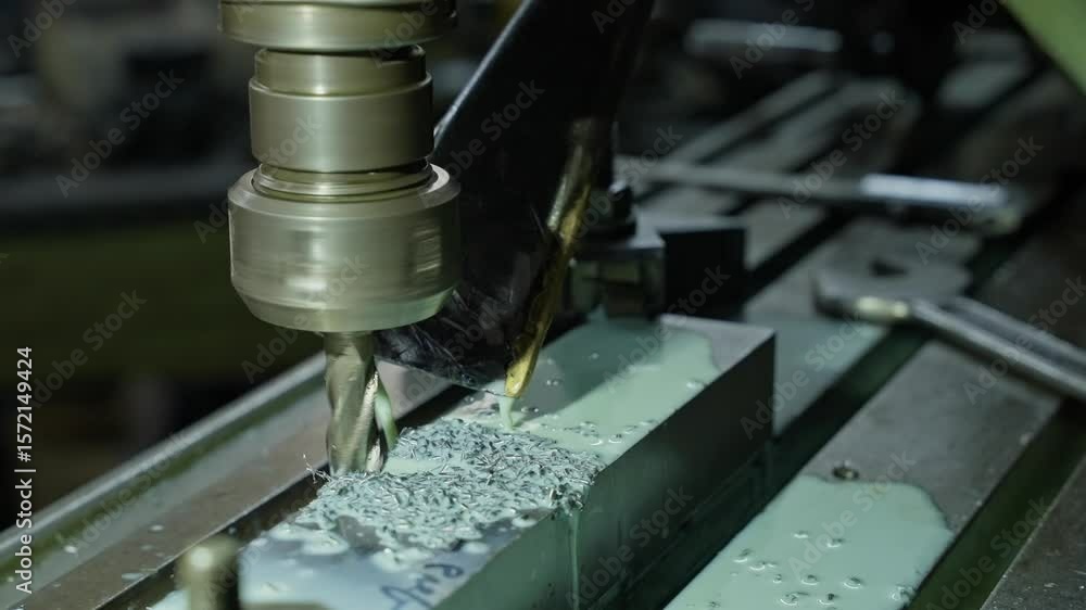 Poster metal block milled by rotating tool with coolant in precision machine shop