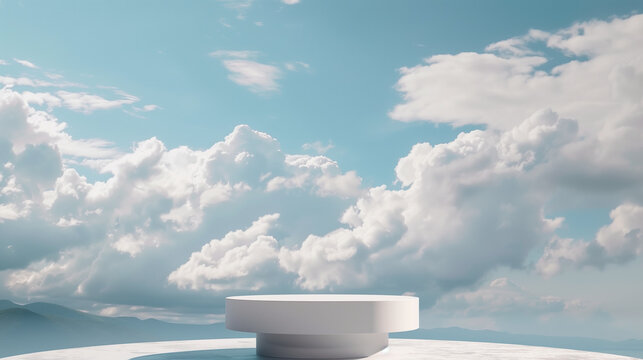 White podium in the sky with clouds. 3d rendering,Abstract minimalistic background with a pedestal in the clouds. Empty podium for product demonstration with blue sky on background
