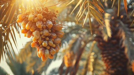 A close-up shot of ripe dates hanging from a date palm tree glistening in the sunlight