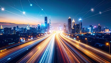 Fototapeta premium City Skyline at Night with Traffic Light Trails and Network Connections