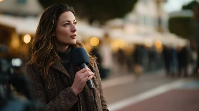 Young woman reporter on the scene live reporting on city event or breaking news coverage