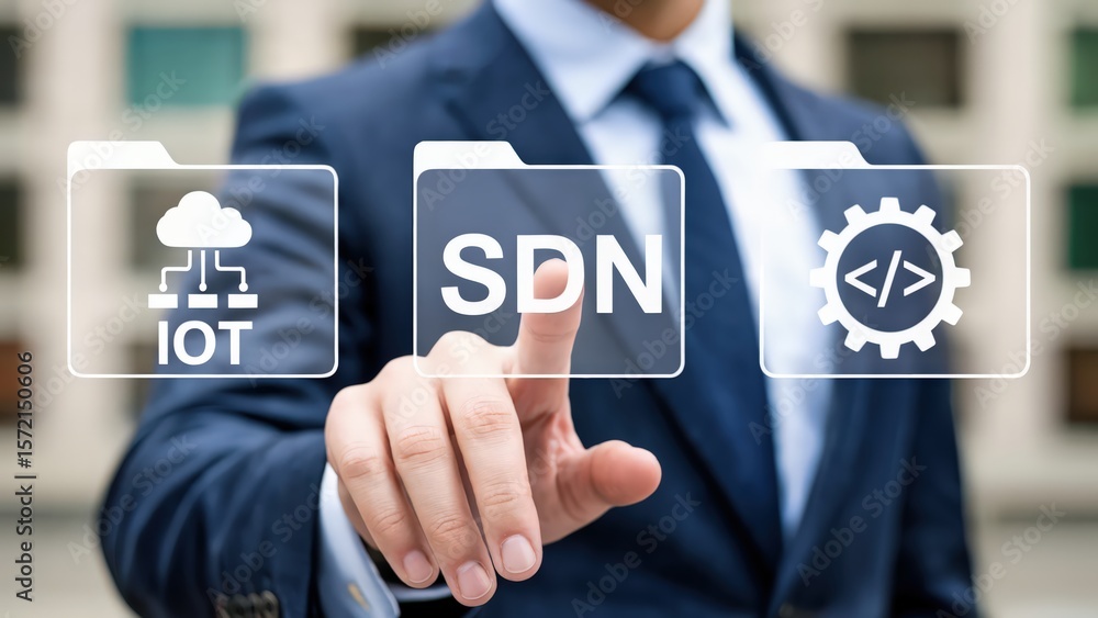 Poster businessman presses virtual sdn iot and coding icons in digital interface