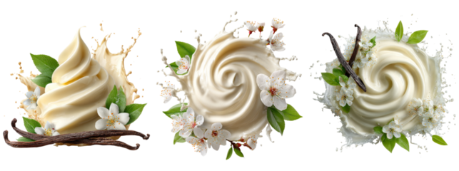 Creamy Swirls with Flowers and Vanilla Pods on Transparent Background