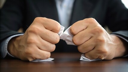 A person in a suit is crushing a piece of paper with both hands, expressing frustration or stress in a professional setting.