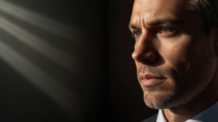 Fototapeta premium Man in a suit with a serious expression, illuminated by soft, dramatic lighting, creating a focused and intense atmosphere.