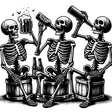Three skeletons celebrate with drinks, seated in barrels, rendered in stark black and white ink.