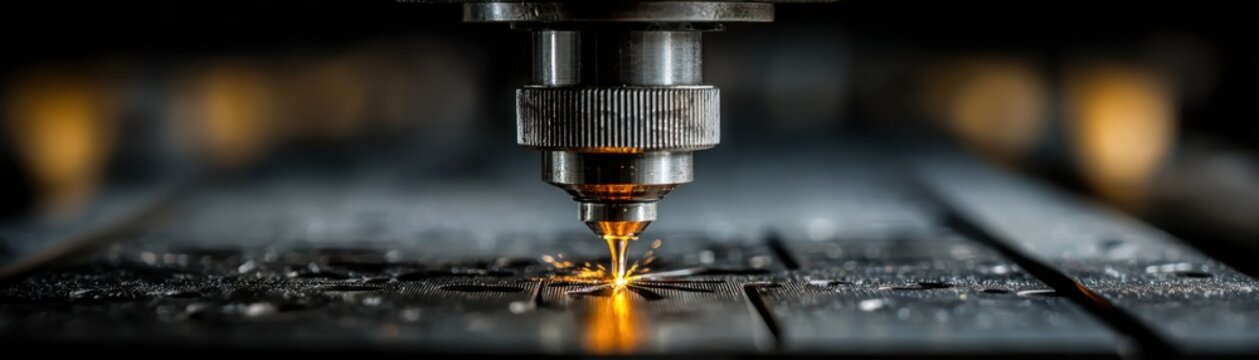 A close-up of a laser cutting machine engraving metal with sparks flying in a high-tech industrial setting.