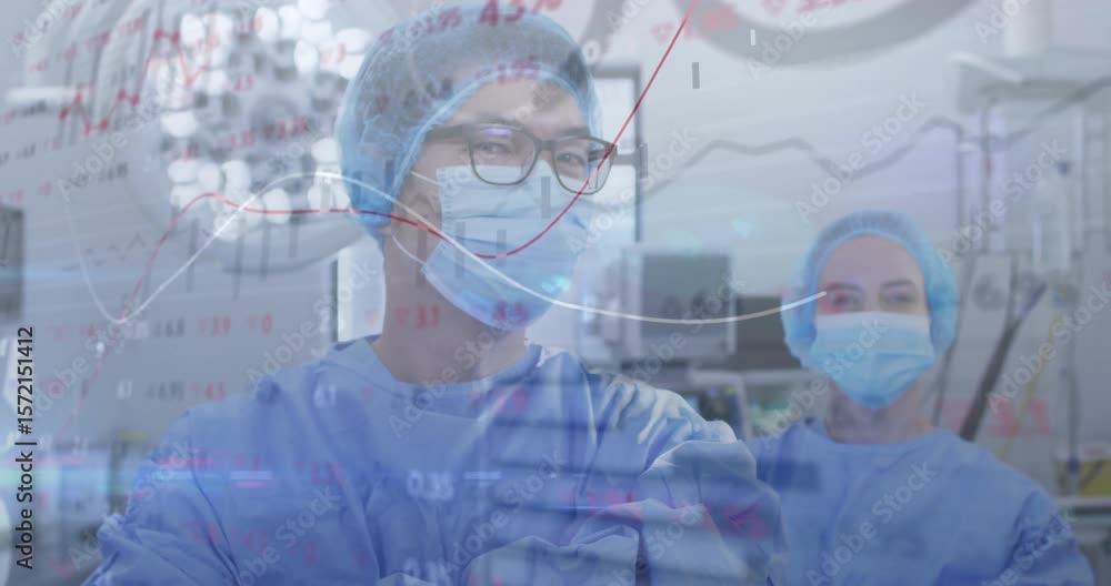 Poster two surgeons reacting to animated data charts in operating room and adjusting posture for planning