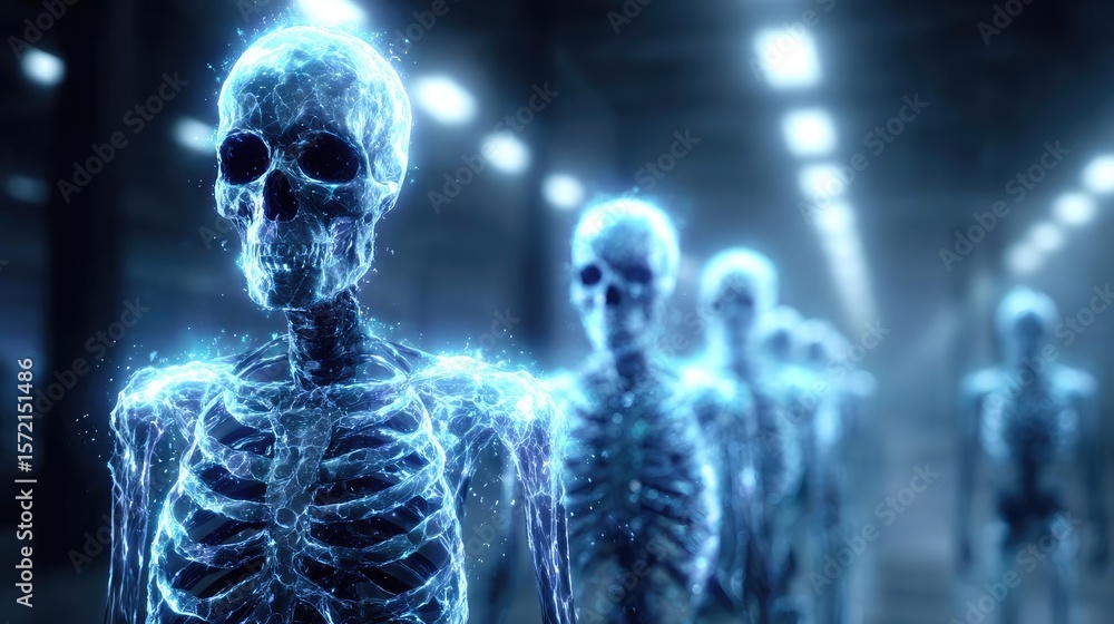 Aufkleber functional decline concept. futuristic digital skeletons illuminated in a dark environment.