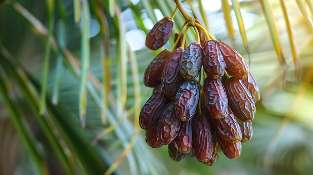 A cluster of fresh dates hanging low enough to touch against a backdrop of green fronds