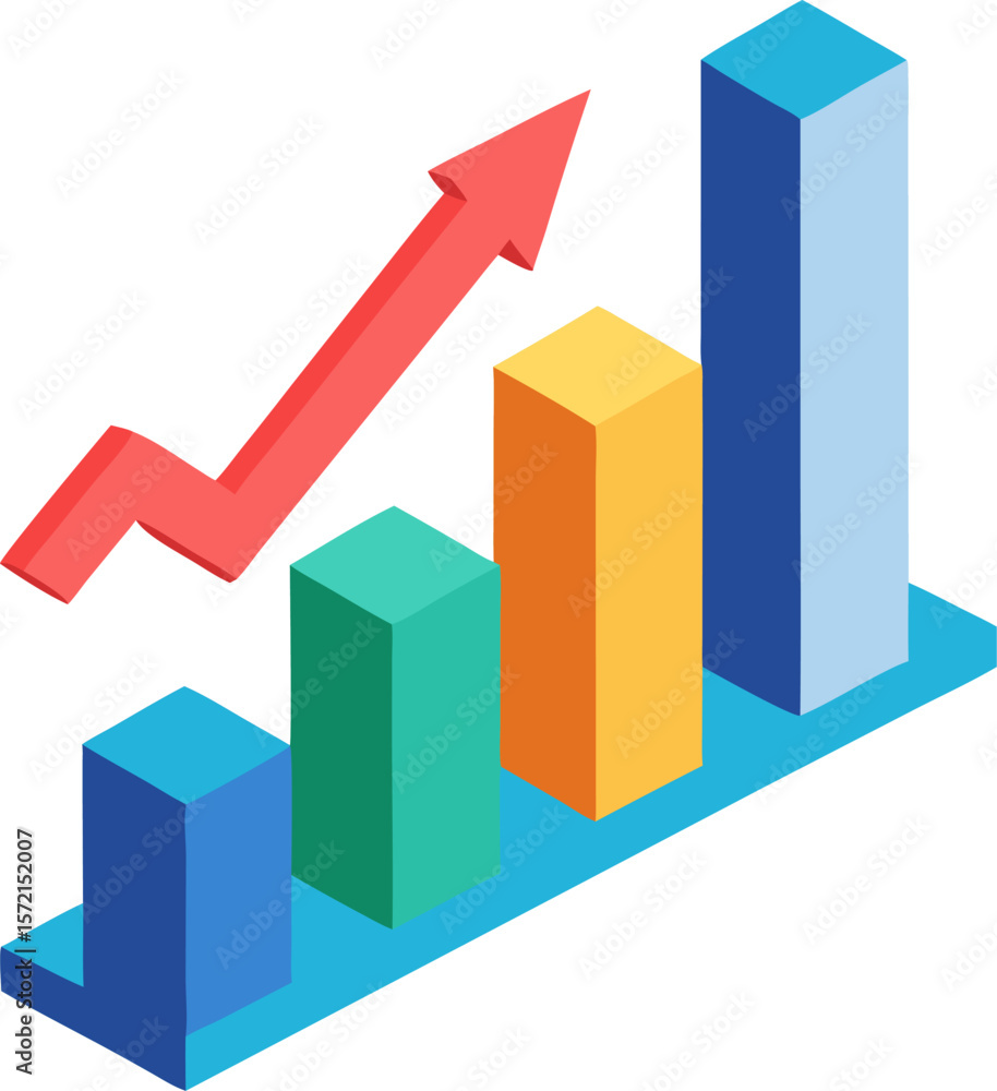 Poster isometric bar chart with rising arrow, data analytics vector with white background.