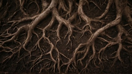 Mystical closeup of tangled tree roots with dark brown color and rough soil texture, captured from a topdown perspective.