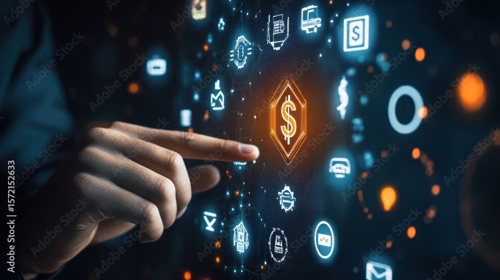 Poster financial technology interaction with virtual interface and digital applications