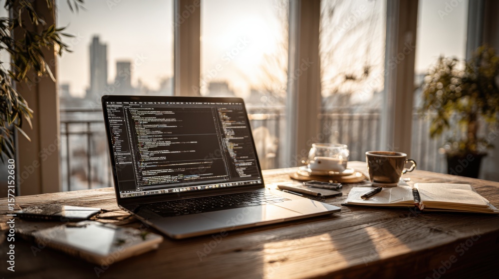 Poster modern workspace with a laptop displaying code, surrounded by notebooks and coffee cups, overlooking