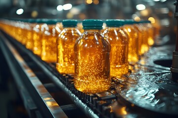 Bottled amber liquid with green caps on a conveyor belt in a fac