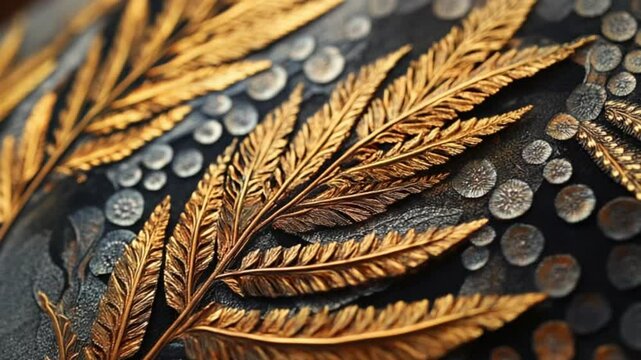 Golden fern leaves with intricate texture rest on a dark artistic surface, creating a luxurious and elegant contrast with metallic and natural elements.