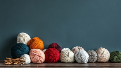 Colorful yarn balls arranged on a wooden surface against a dark gray wall.