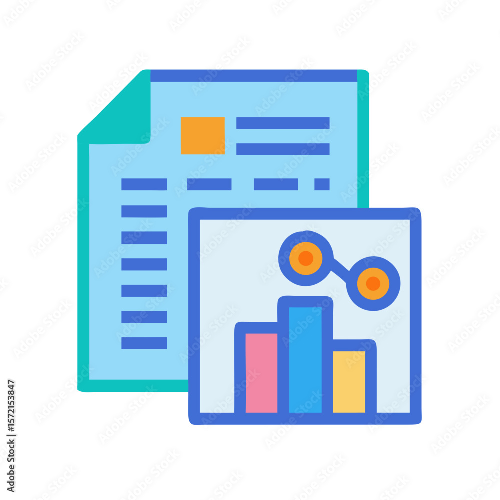 Poster data reporting illustration showing document and chart with analysis