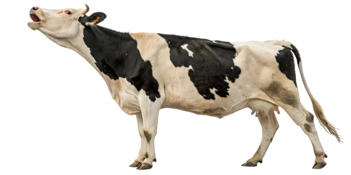 Dairy cow stands proudly, showcasing its distinctive black and white markings while expressing gentle moo