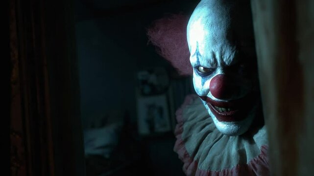 Creepy Clown Peeking from Behind Curtains: A Horror Concept for Halloween Scenes