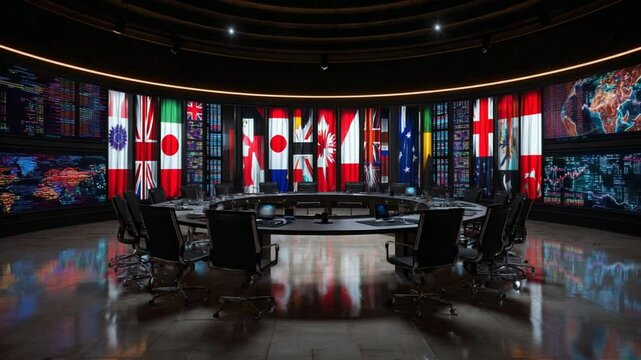 Futuristic international summit meeting room with flags and global data displays background