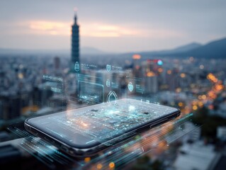Futuristic Smartphone with Augmented Reality Interface Displaying Digital Cityscape and Data Overlay Over Blurred Urban Night Skyline