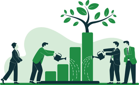 Business team watering a growing plant on a bar chart symbolizing financial growth. Vector Image, AI Generated