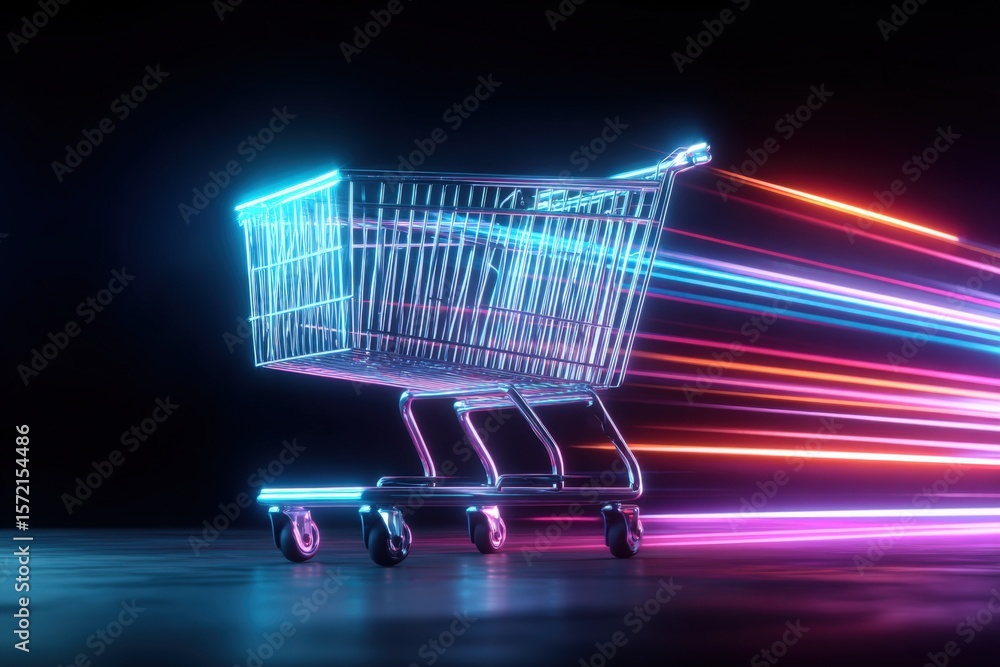 Poster futuristic neon shopping cart with glowing led lines and motion blur effect in a dark environment, r