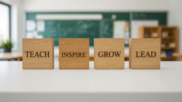 Teach, Inspire, Grow, Lead: Motivational Wooden Blocks in a Classroom Setting