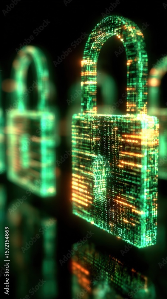 Aufkleber futuristic digital lock and security system hologram with glowing green circuit patterns on black ba
