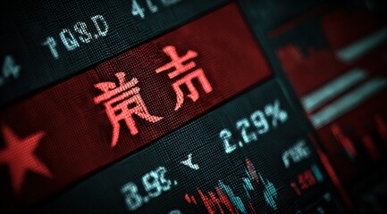 Fototapeta premium Close-up of digital stock market display with red declining Chinese characters and percentage drops on financial trading screen