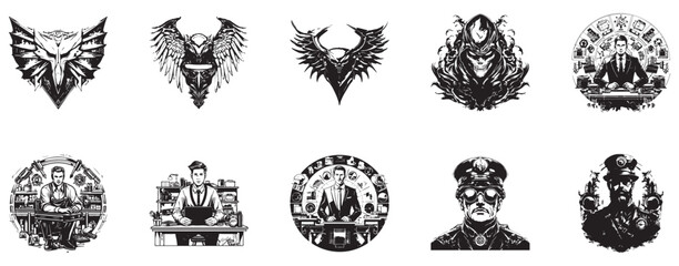 Toxiavenger Temptation Trader Traffic Police Officer Steampunk logo illustration set collection representing eclectic characters in a retro futuristic style suitable for steampunk games comics