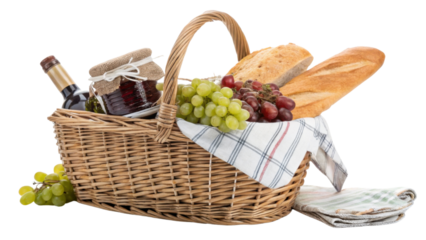 Picnic basket filled with fresh bread, grapes, and bottle of wine creates delightful scene for outdoor enjoyment