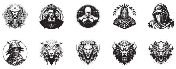 Theochain Fighter of Truth Thief Pikeman Tiger Warrior of Chaos logo illustration set collection representing heroic and rogue archetypes from myth and battle suitable for fantasy games graphic novel