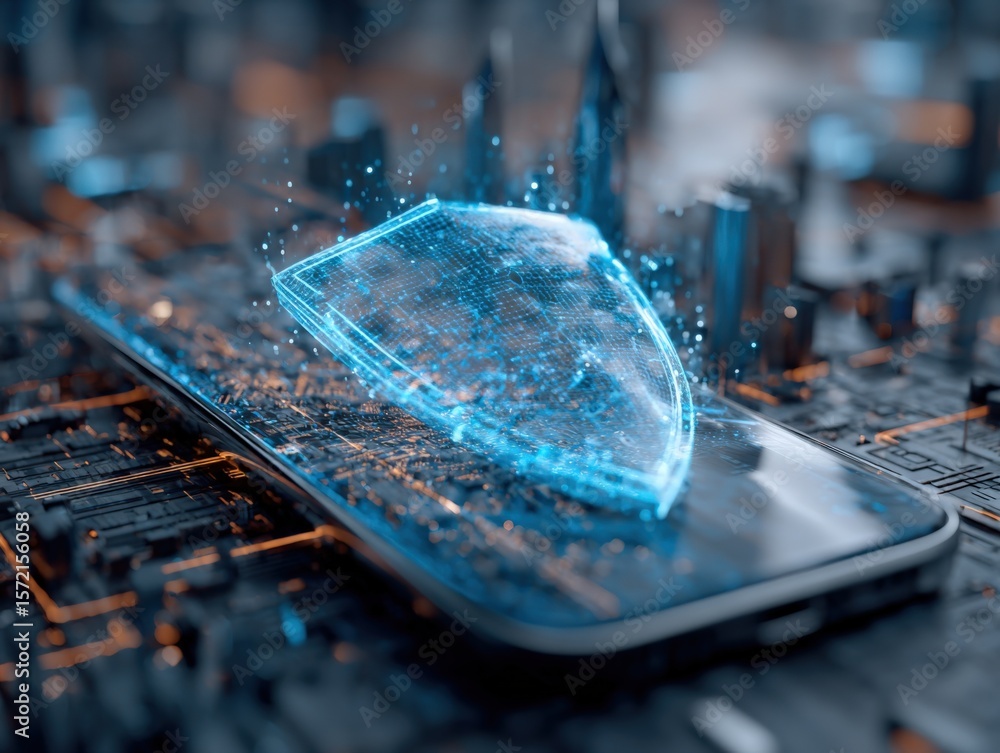 Poster digital hologram shield emerging from smartphone screen with glowing circuitry in futuristic cybersp