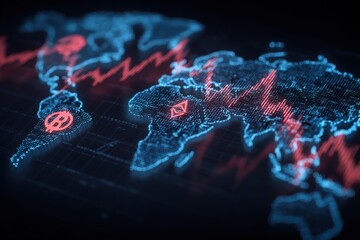 Digital World Map with Futuristic Data Lines and Financial Graphs Representing Global Technology and Connectivity Concepts