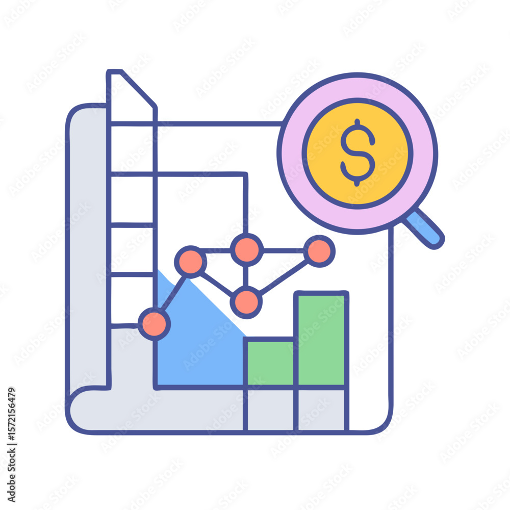 Poster financial data analysis on a chart with currency magnifying