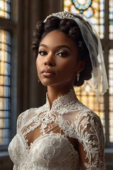 Stunning black bride in a royal-inspired white lace wedding gown with pearl embroidery, standing gracefully in front of arched cathedral windows, soft light,Generative Ai
