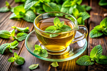 Close-Up of Freshly Brewed Mint Tea Surrounded by Vibrant Green Mint Leaves, Generative AI