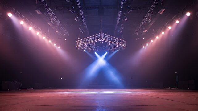 Empty concert stage with pink and blue spotlights and truss performance lighting