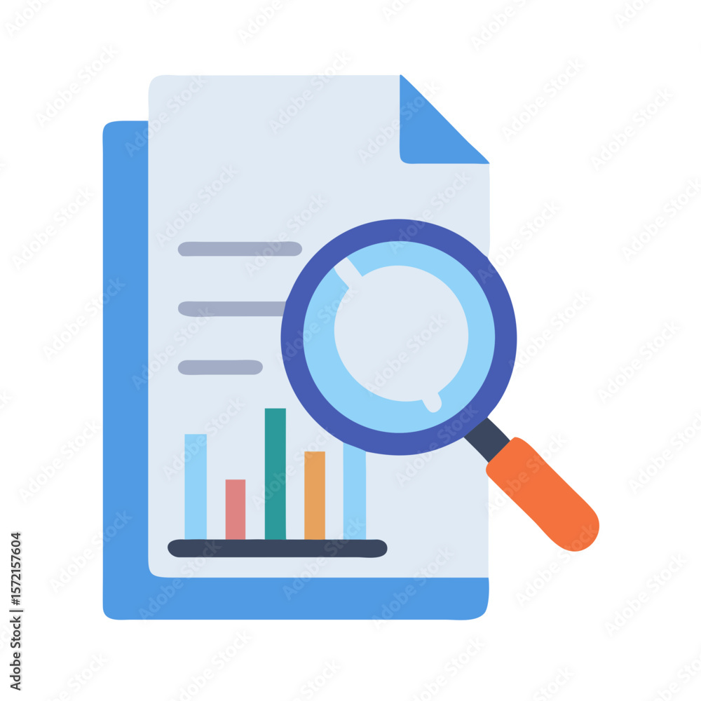 Poster analyzing financial data on paper with magnifying glass icon