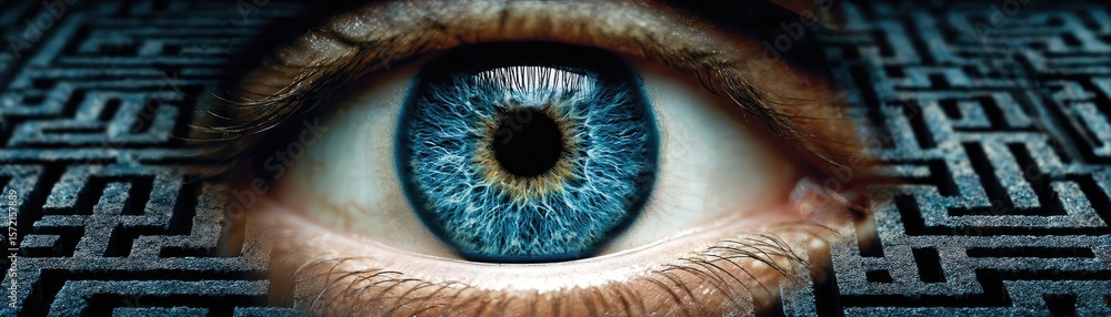 Poster restless mind concept. close-up of a blue eye with intricate patterns around it.