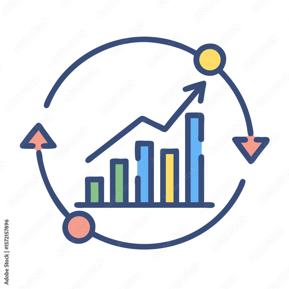 Poster rising bar chart with circular arrows on white background