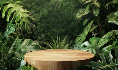Wooden podium amidst vibrant green foliage, creating nature-themed display stage.